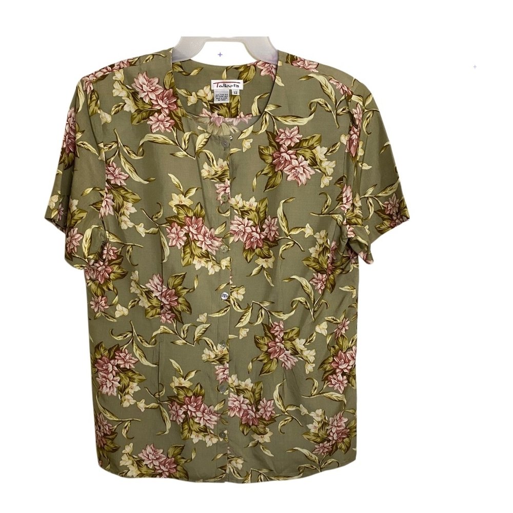 Talbots‎ 100% Silk Green and Pink Floral Blouse